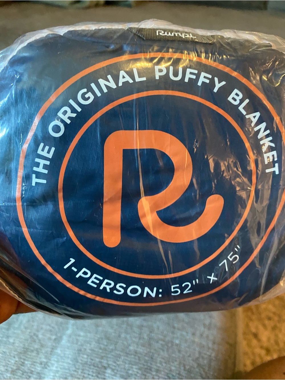 Rumpl Original Puffy Blanket Jacket - Navy with Orange Logo